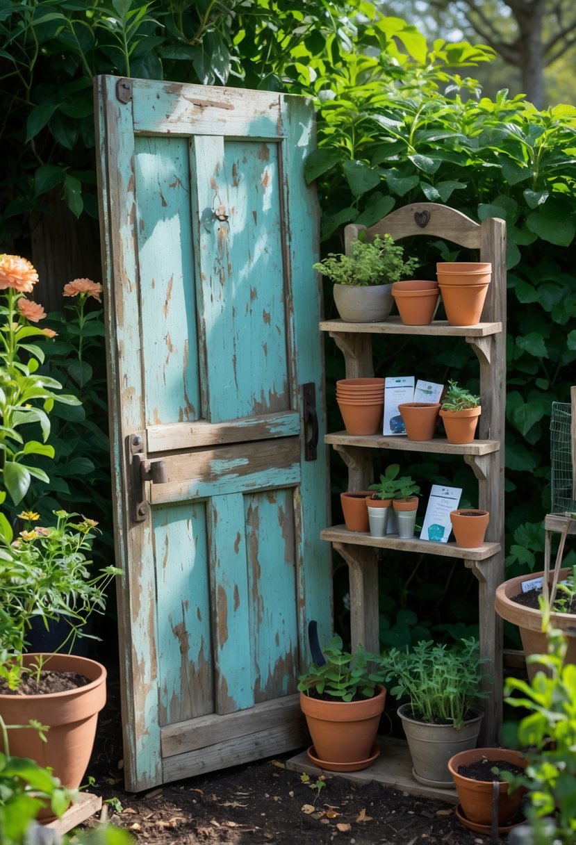A rustic old wooden door converted into a potting station with shelves holding gardening tools and pots, surrounded by plants in a garden.