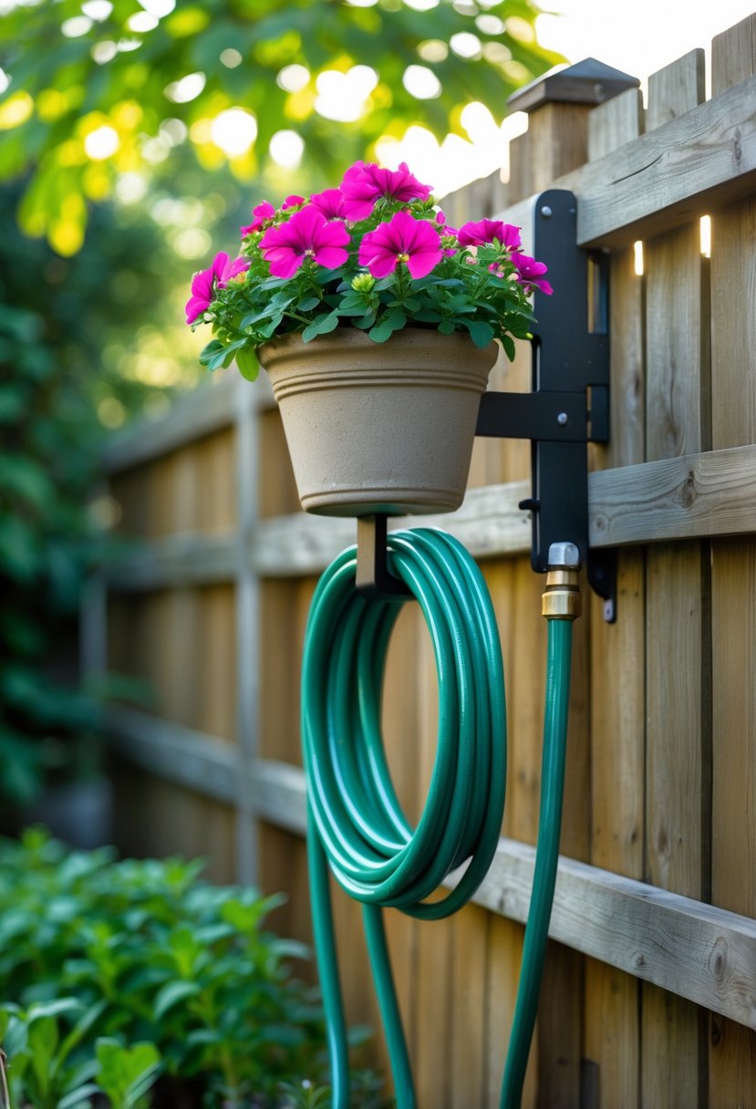 Garden hose neatly coiled on a simple holder attached to a wooden fence with a small flower pot of colorful flowers hanging beside it.
