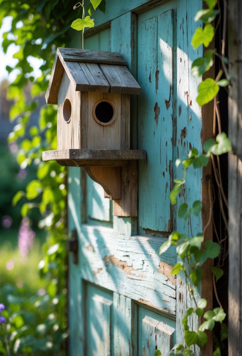 A rustic wooden garden door with an attached birdhouse surrounded by green plants and vines.