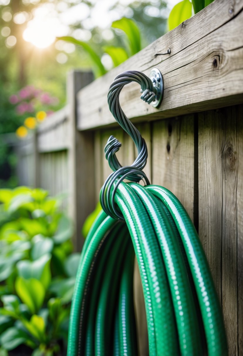 A twisted wire hanger mounted on a wooden fence holding a coiled green garden hose in a garden setting.