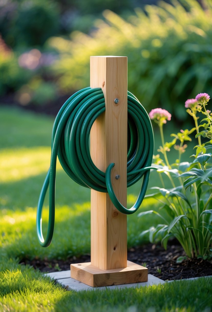 A wooden post holder outdoors holding a coiled garden hose surrounded by grass and plants.