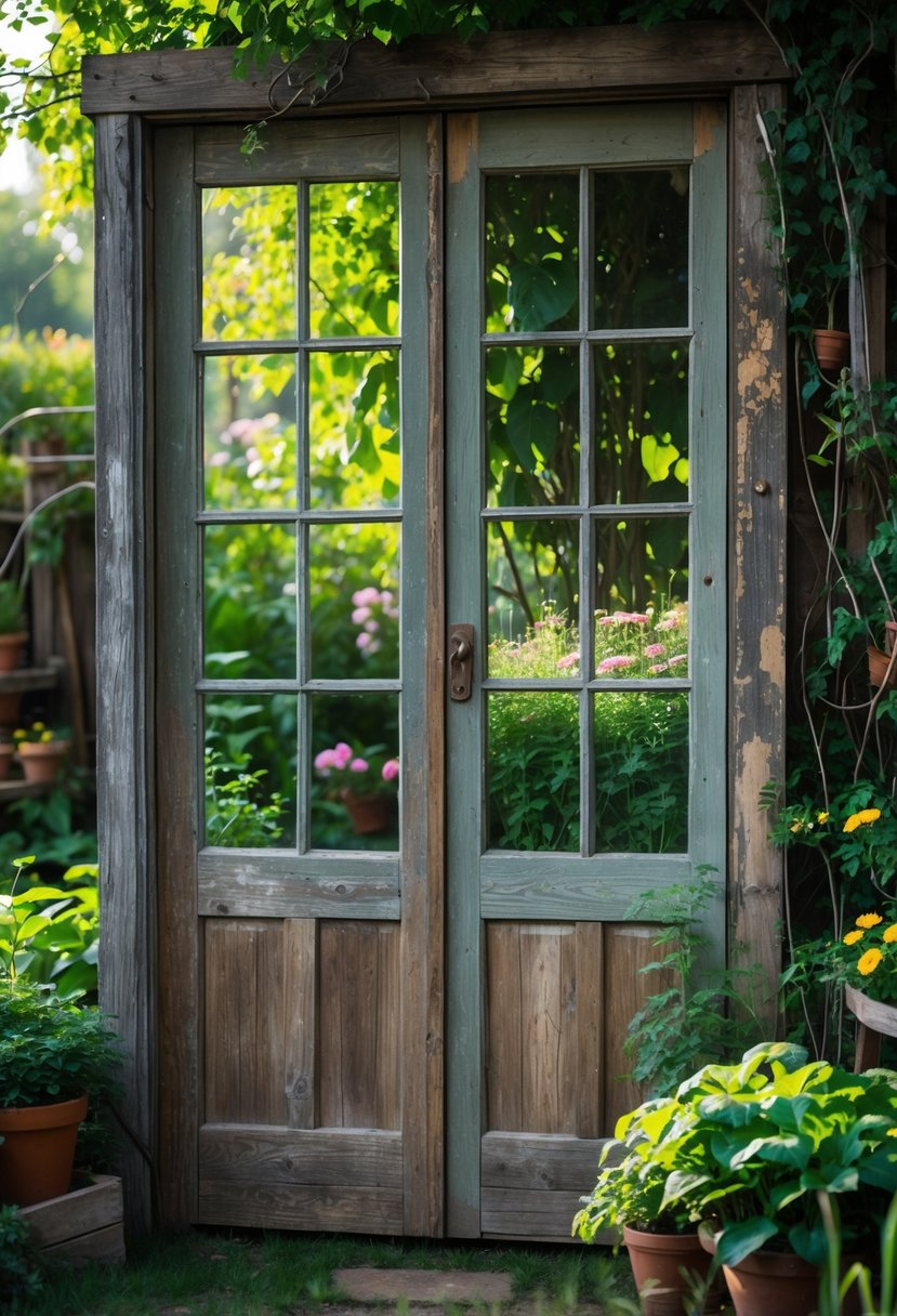 A rustic old wooden door with glass panels used as a greenhouse door surrounded by green plants in a garden.