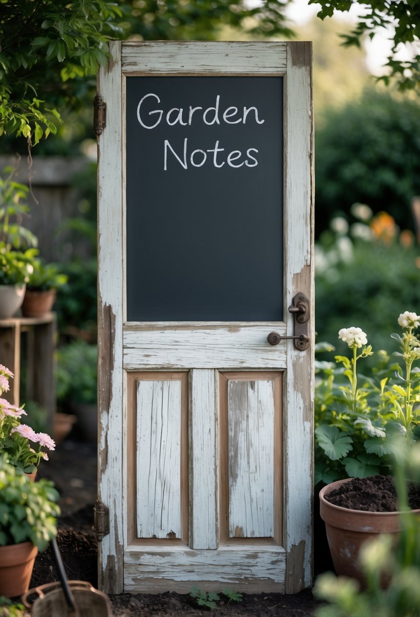 A rustic old wooden door with a blank chalkboard panel, standing outdoors surrounded by plants and garden items.