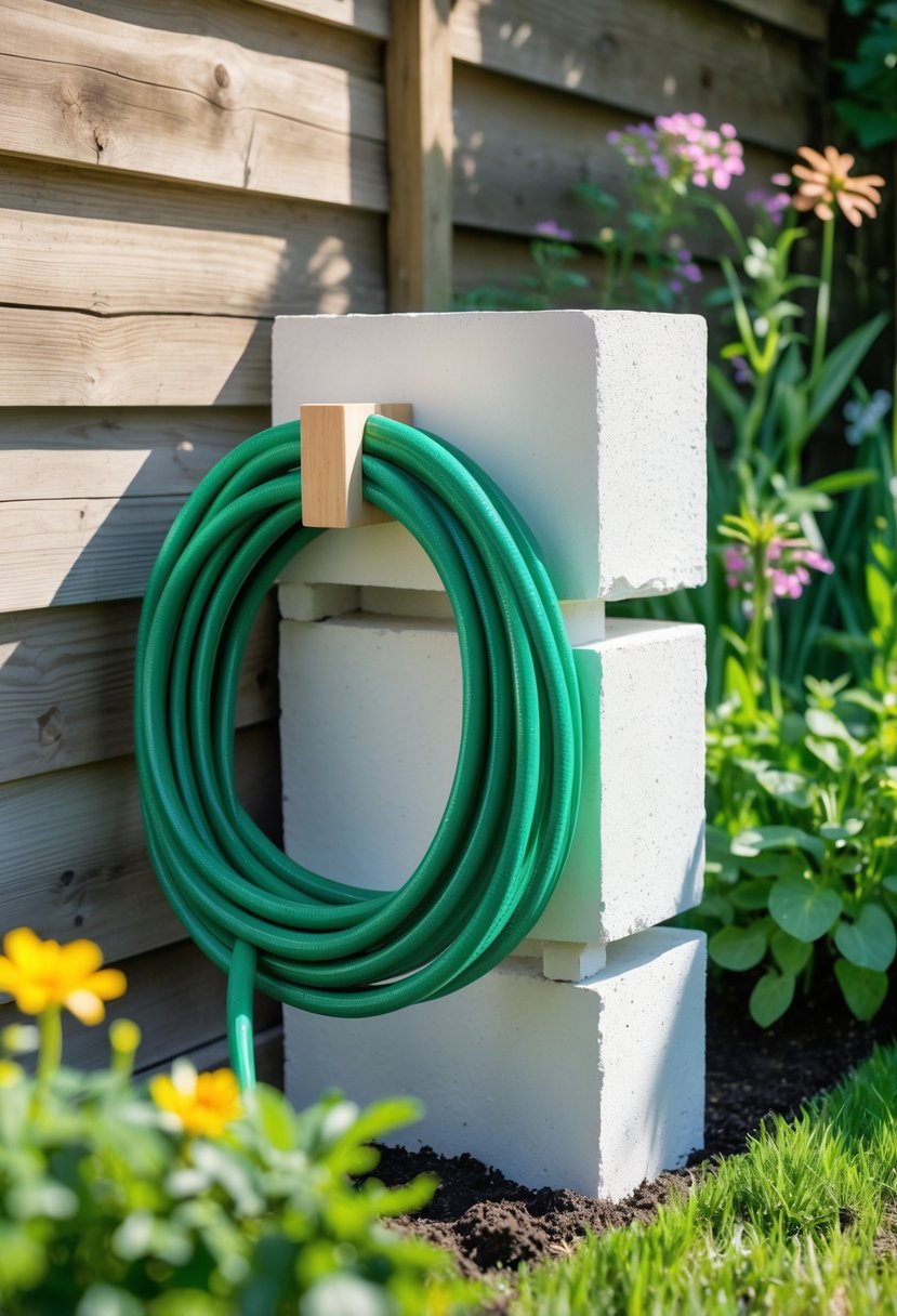 A painted cinder block used as a garden hose hanger with a coiled green hose in an outdoor garden setting.