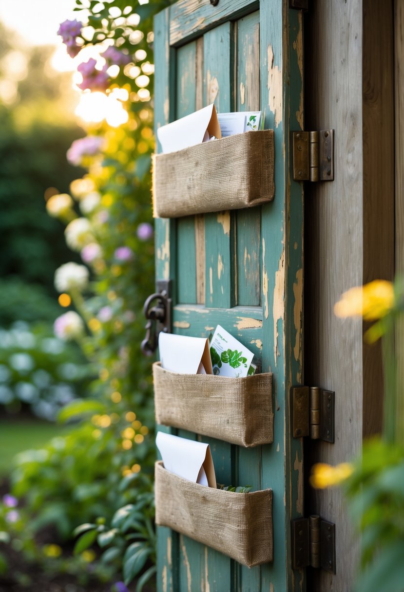A rustic wooden door mounted on a garden wall, used to hold mail and seed packets, surrounded by green plants and flowers.