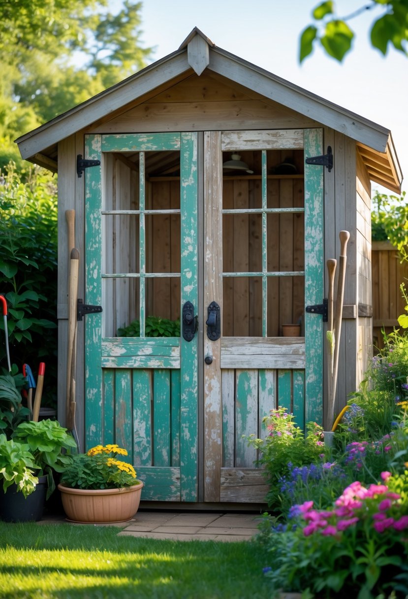A garden shed made from old double doors surrounded by plants and flowers in a garden.