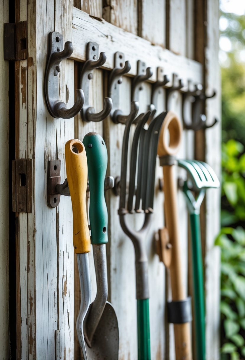 A rustic wooden door with metal hooks holding garden tools like a trowel, pruning shears, and a small shovel.