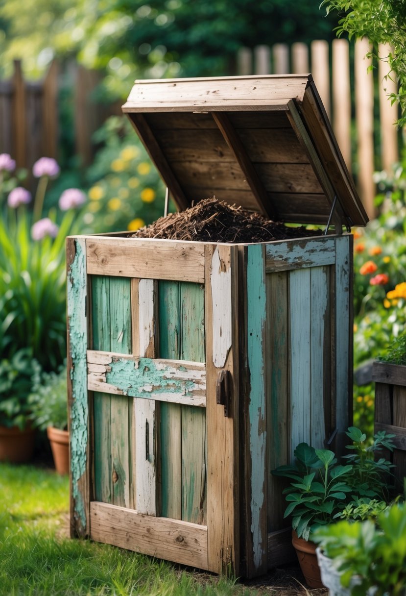 A garden compost bin made from old wooden doors surrounded by plants and grass.