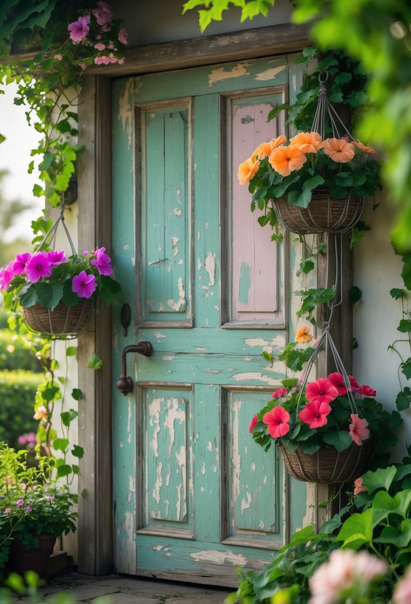 A weathered wooden door with peeling paint surrounded by hanging baskets filled with colorful flowers in a garden setting.
