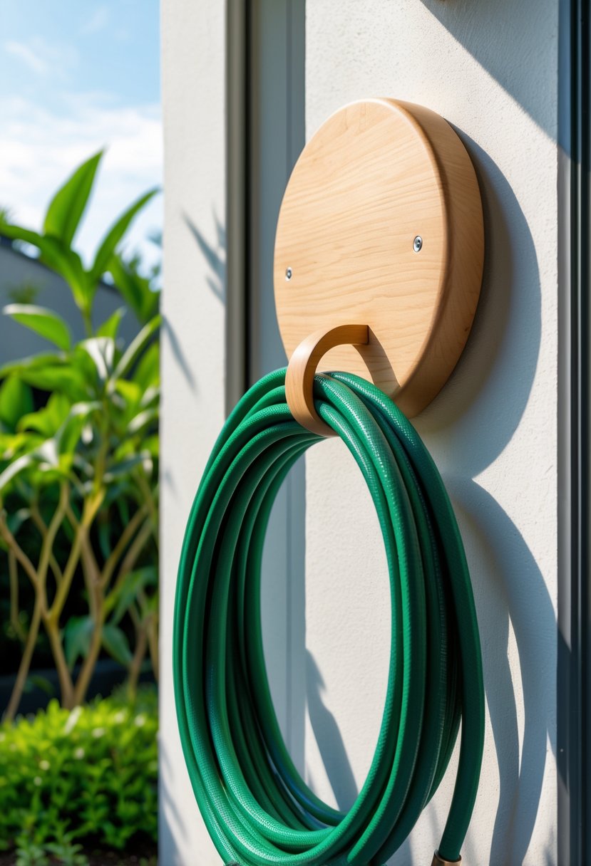 A wooden circular wall-mounted garden hose hanger with a green hose coiled around it on a white exterior wall, surrounded by garden plants.