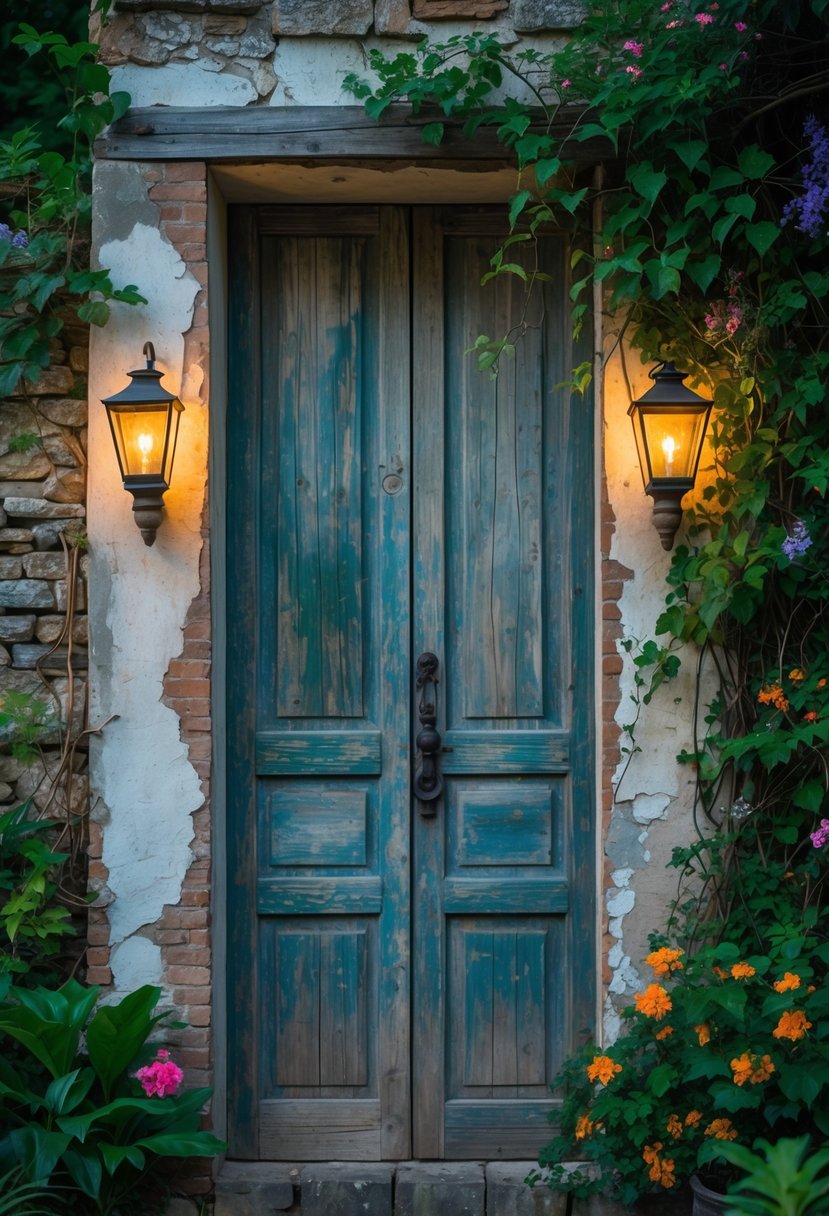 A weathered wooden door with two mounted lanterns surrounded by green plants and flowers in a garden.
