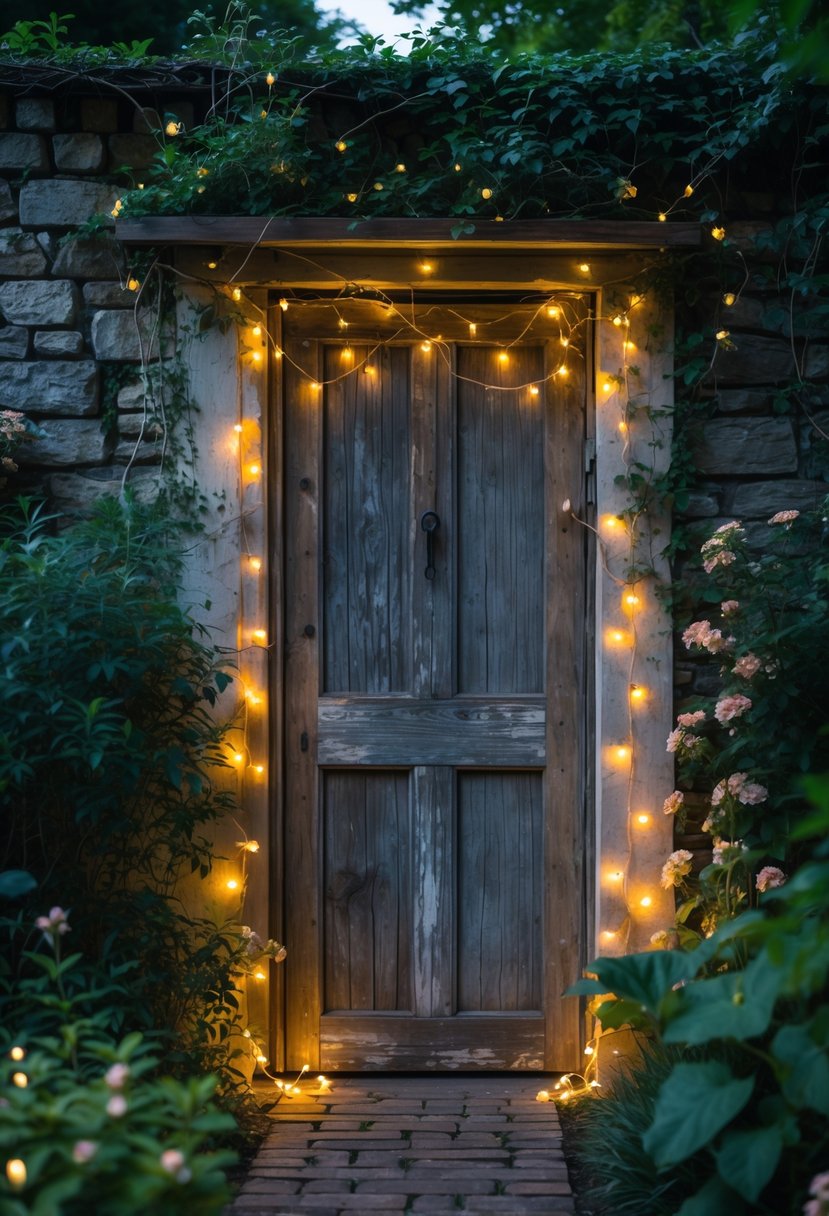 A rustic old wooden door framed by fairy lights and surrounded by garden plants.