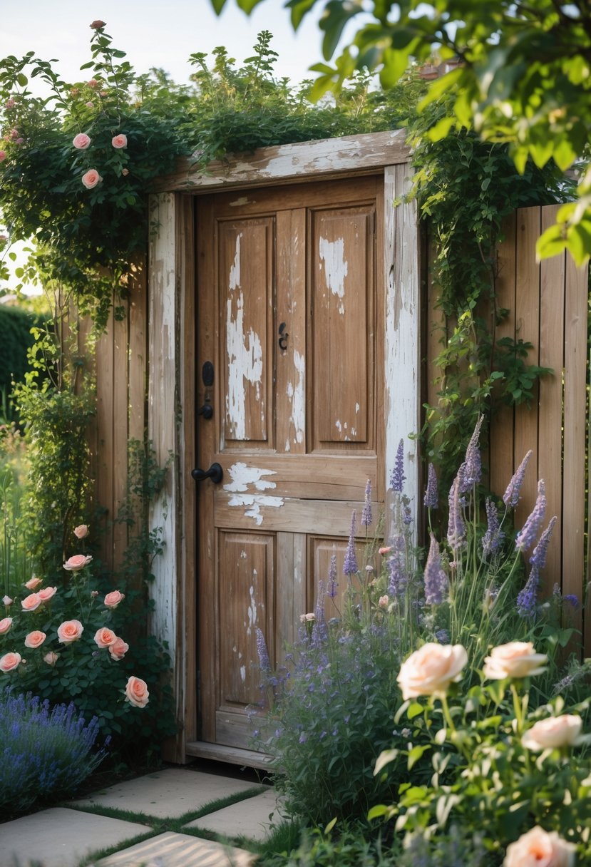 A rustic old wooden door set within a garden fence surrounded by green plants and colorful flowers.
