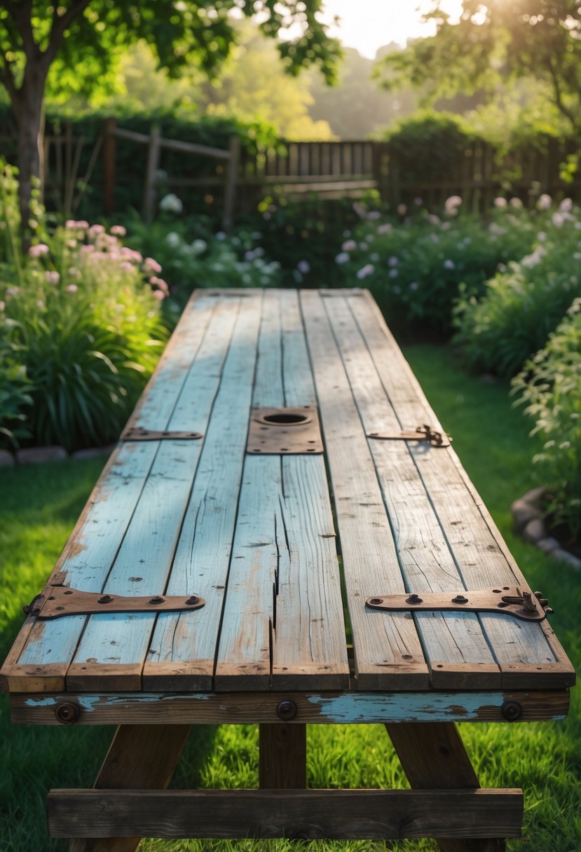 A rustic picnic table made from an old wooden door set in a garden surrounded by grass and plants.