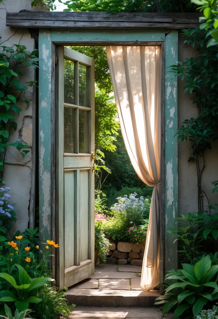 A weathered wooden door with a fabric curtain opens to a small garden area with green plants and flowers.