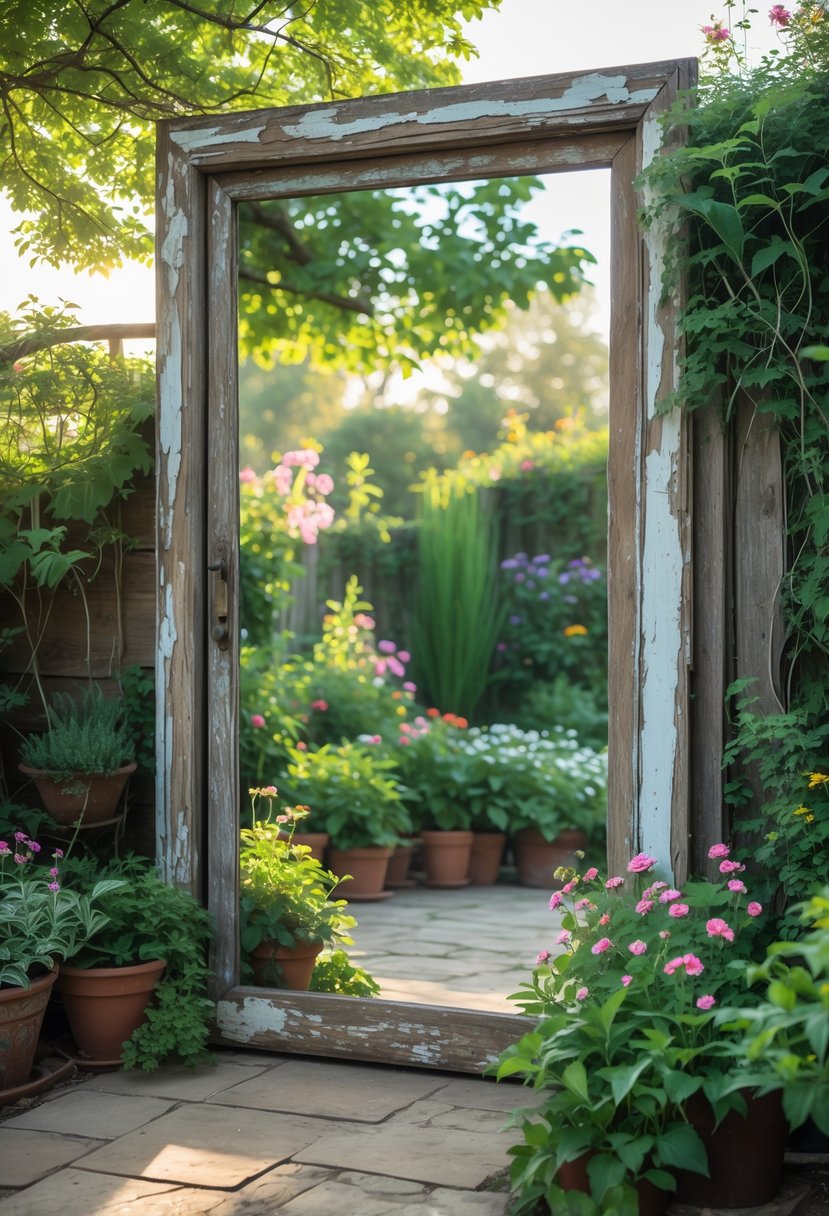 A rustic wooden door frame with a mirror reflecting green plants and flowers in a garden.