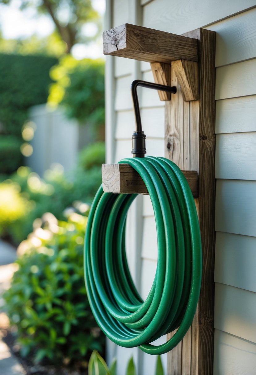 A wooden wall-mounted garden hose hanger holding a coiled green garden hose outside on a garden wall.