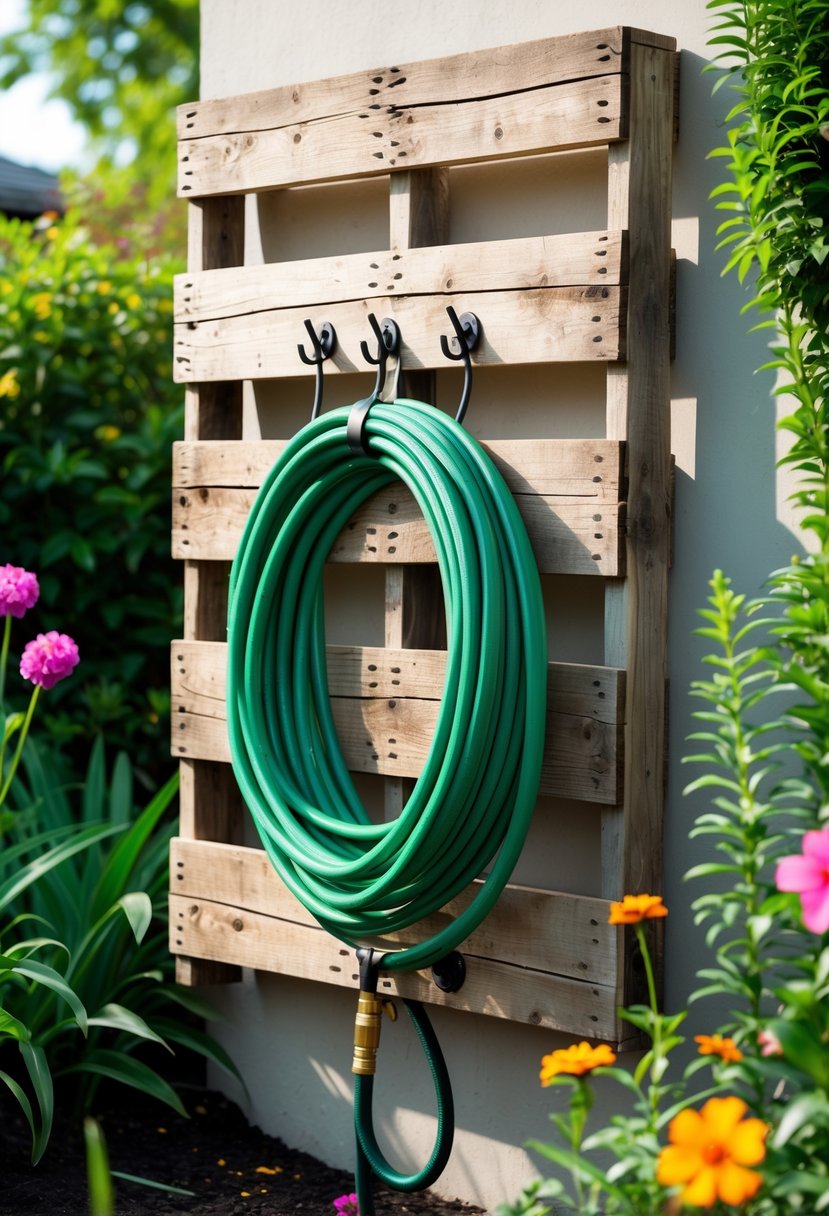 A recycled wooden pallet mounted on a garden wall holding a coiled green garden hose with metal hooks, surrounded by green plants and flowers.
