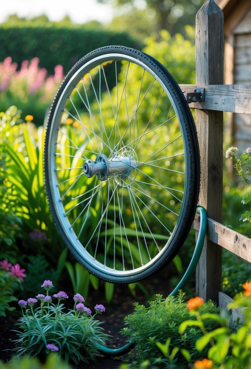 A vintage bicycle wheel mounted on a wooden fence used to hang a coiled garden hose in a green garden with flowers.