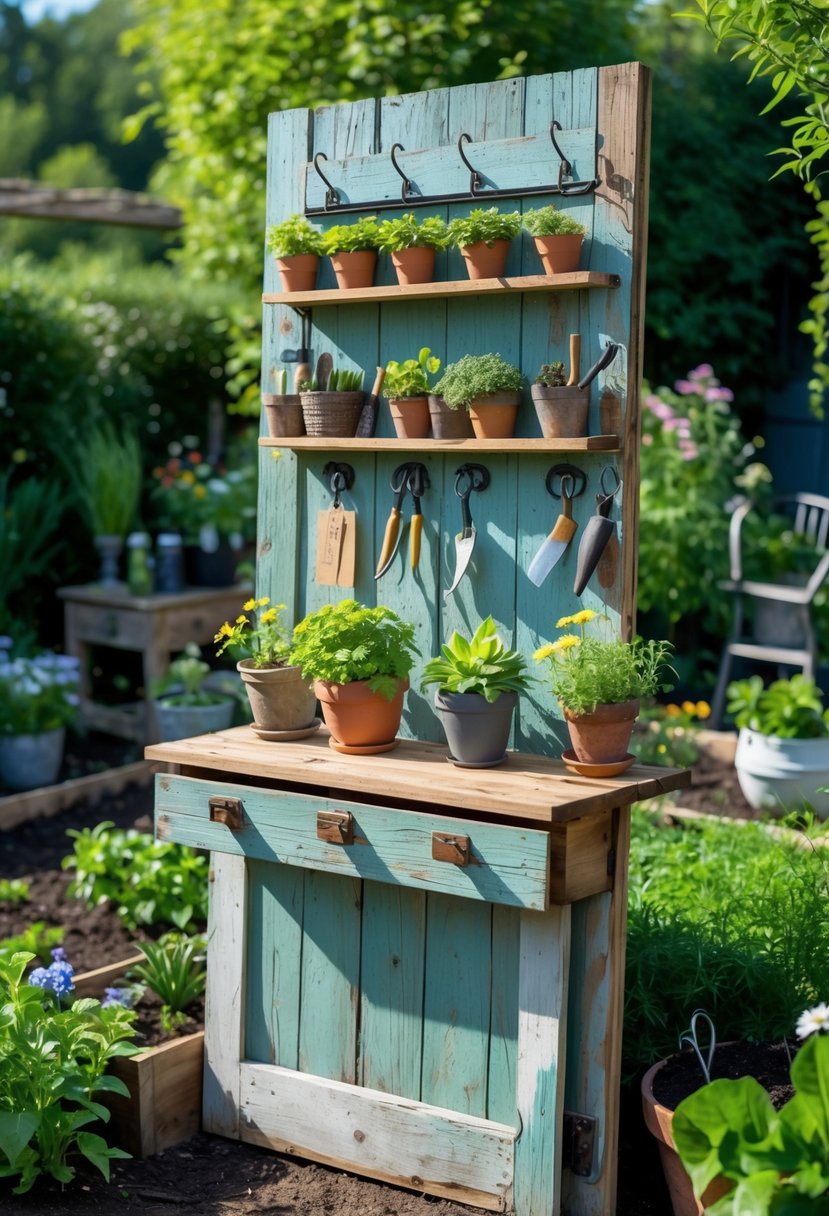 An old wooden door repurposed as a potting bench with shelves and hooks holding gardening tools and small plants in a garden.