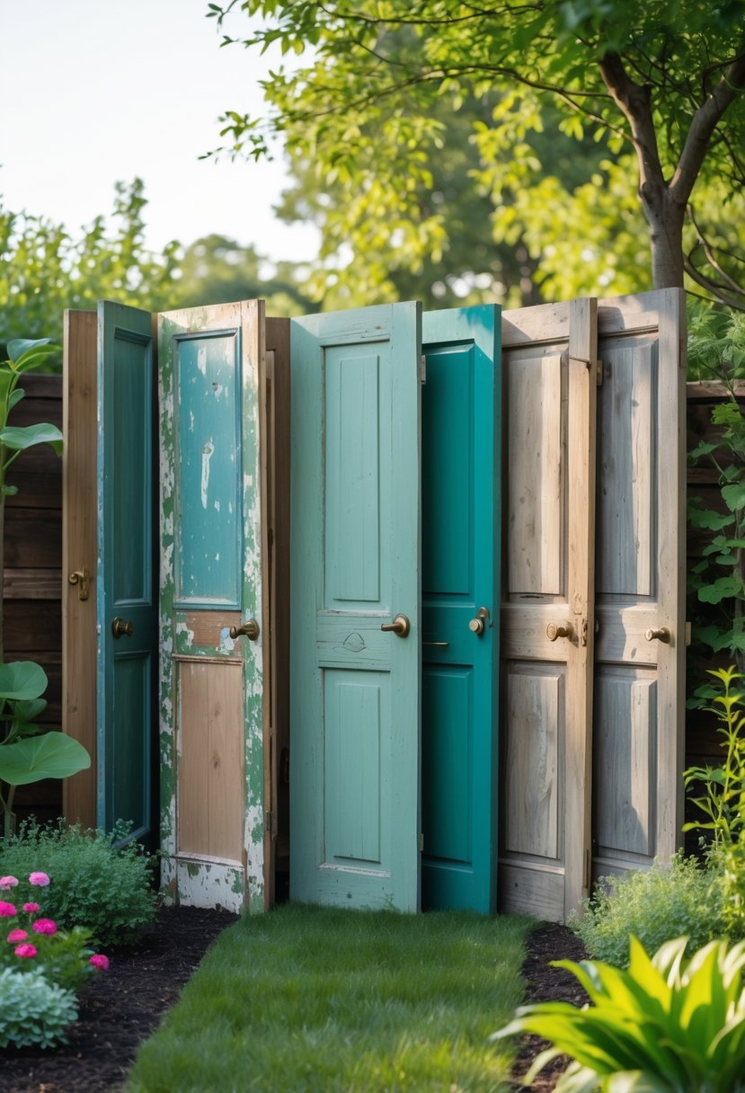 A garden privacy screen made from several old wooden doors arranged outdoors surrounded by plants and flowers.