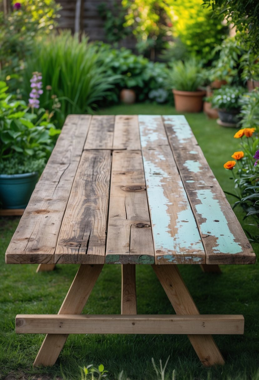 A picnic table outdoors made from an old wooden door surrounded by green plants and flowers.