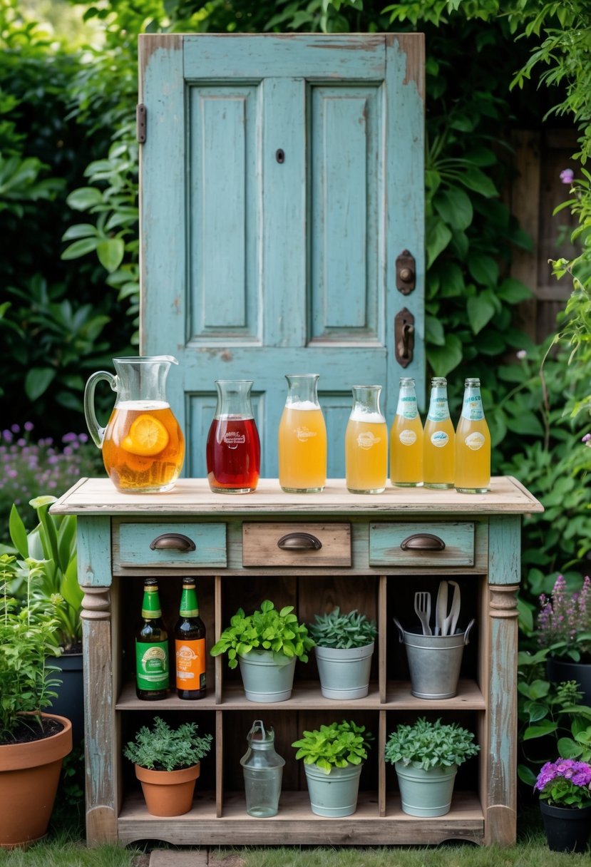 An outdoor beverage station made from an old wooden door with drinks on top and storage holding plants and garden tools, surrounded by greenery.