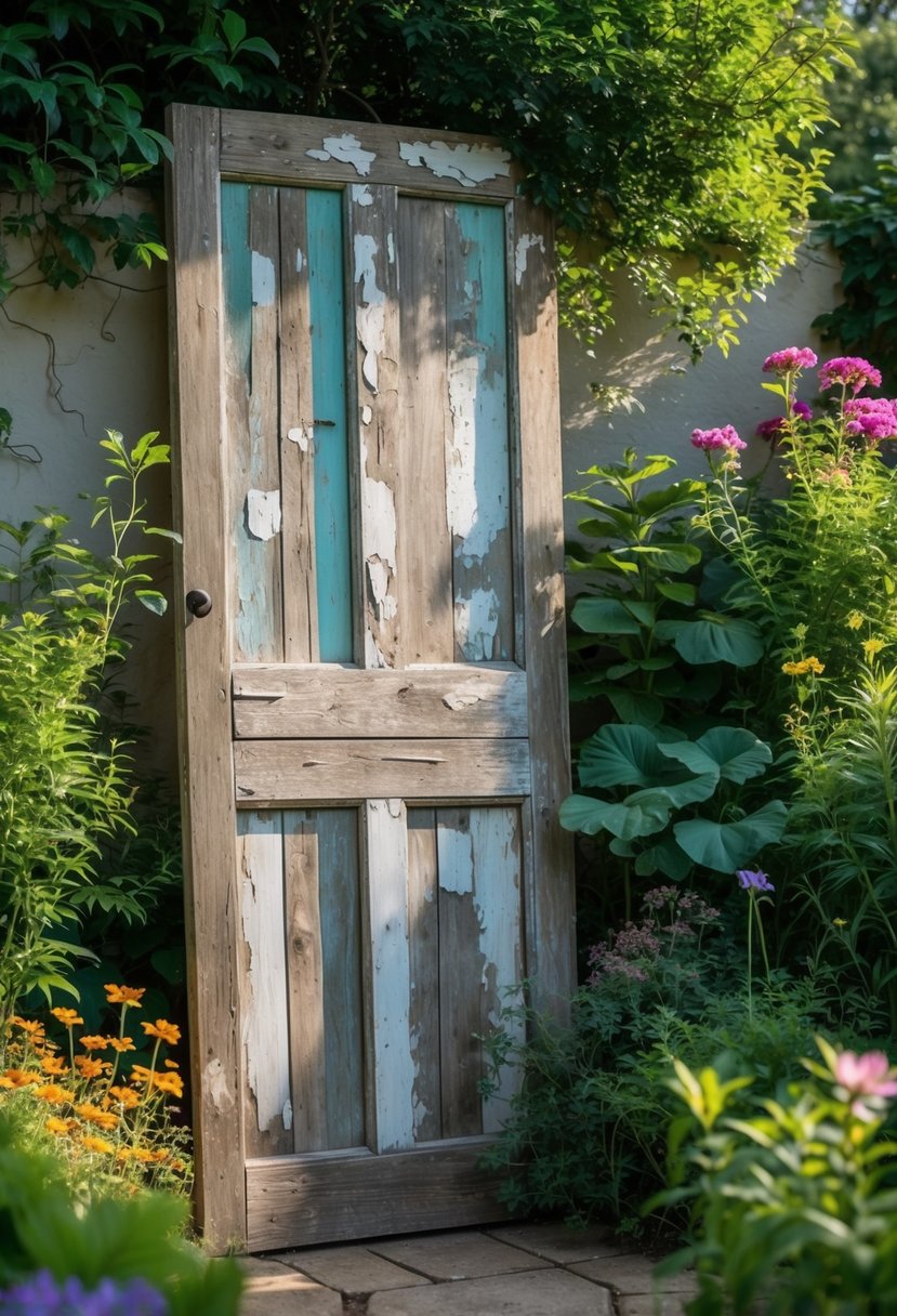 An old wooden door leaning against a garden wall surrounded by green plants and colorful flowers.