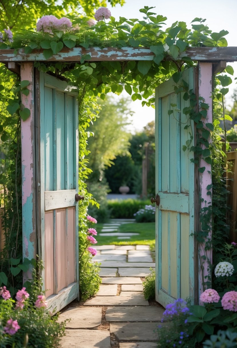 A garden arbor made from old wooden doors surrounded by green plants and colorful flowers.