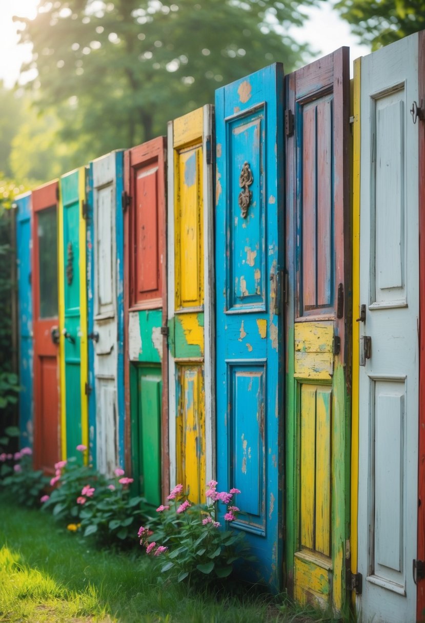 A colorful fence made from old wooden doors arranged side by side in a garden with grass and plants around it.