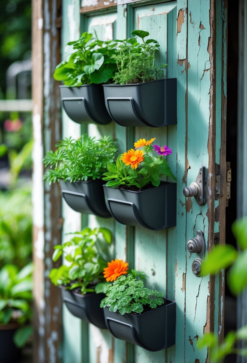An old wooden door with multiple planter boxes holding green plants and colorful flowers arranged vertically.