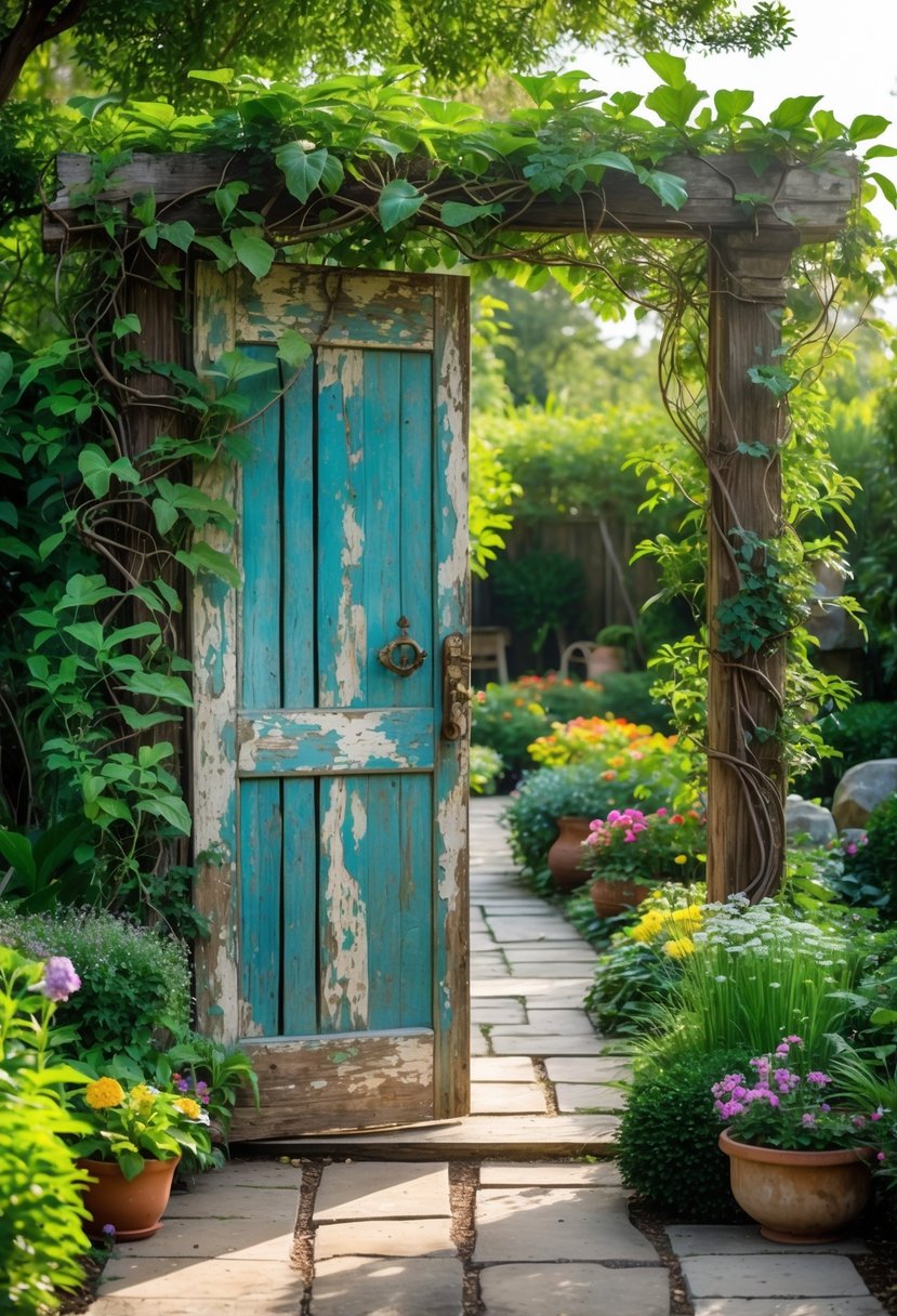 An old wooden door used as a decorative gate surrounded by green plants and colorful flowers in a garden.
