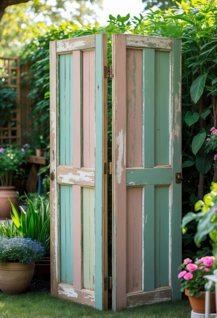 A garden room divider made from hinged old wooden doors standing outdoors surrounded by green plants and flowers.