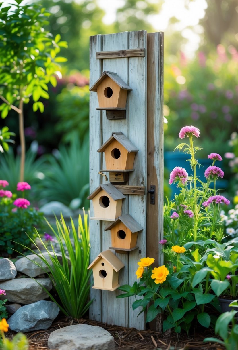 An old wooden door panel mounted vertically in a garden with several birdhouses attached, surrounded by green plants and flowers.