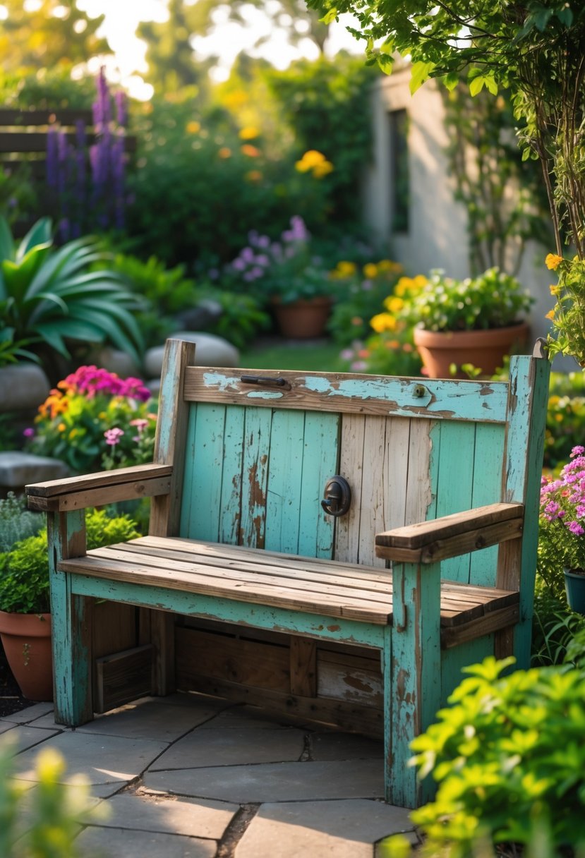 A wooden bench made from an old door placed in a garden surrounded by plants and flowers.