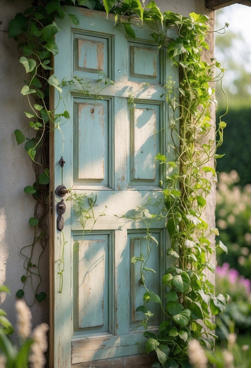 An old wooden door mounted on a wall with climbing green plants growing around it in a garden setting.