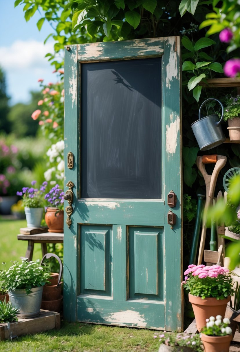 An old wooden door painted as a chalkboard standing in a garden surrounded by plants and flowers.