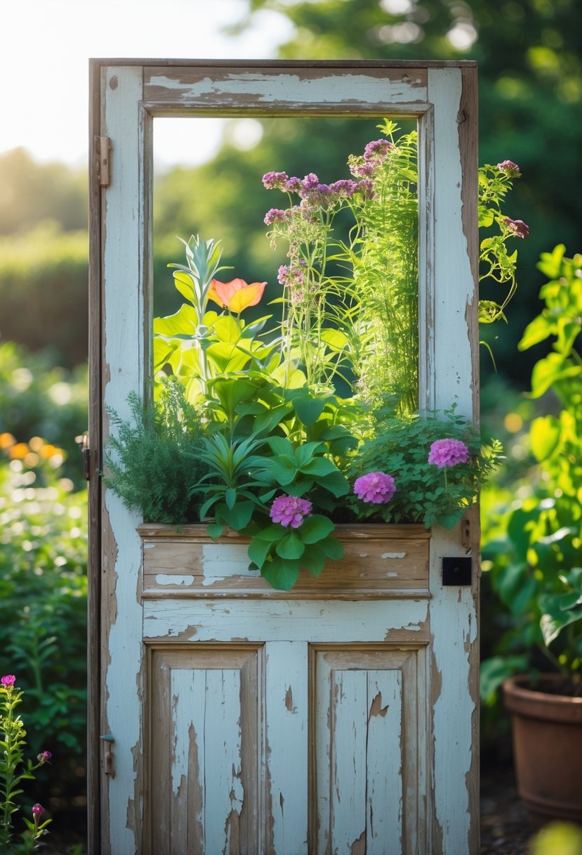 A weathered old wooden door used as a frame showcasing plants and flowers in a garden.