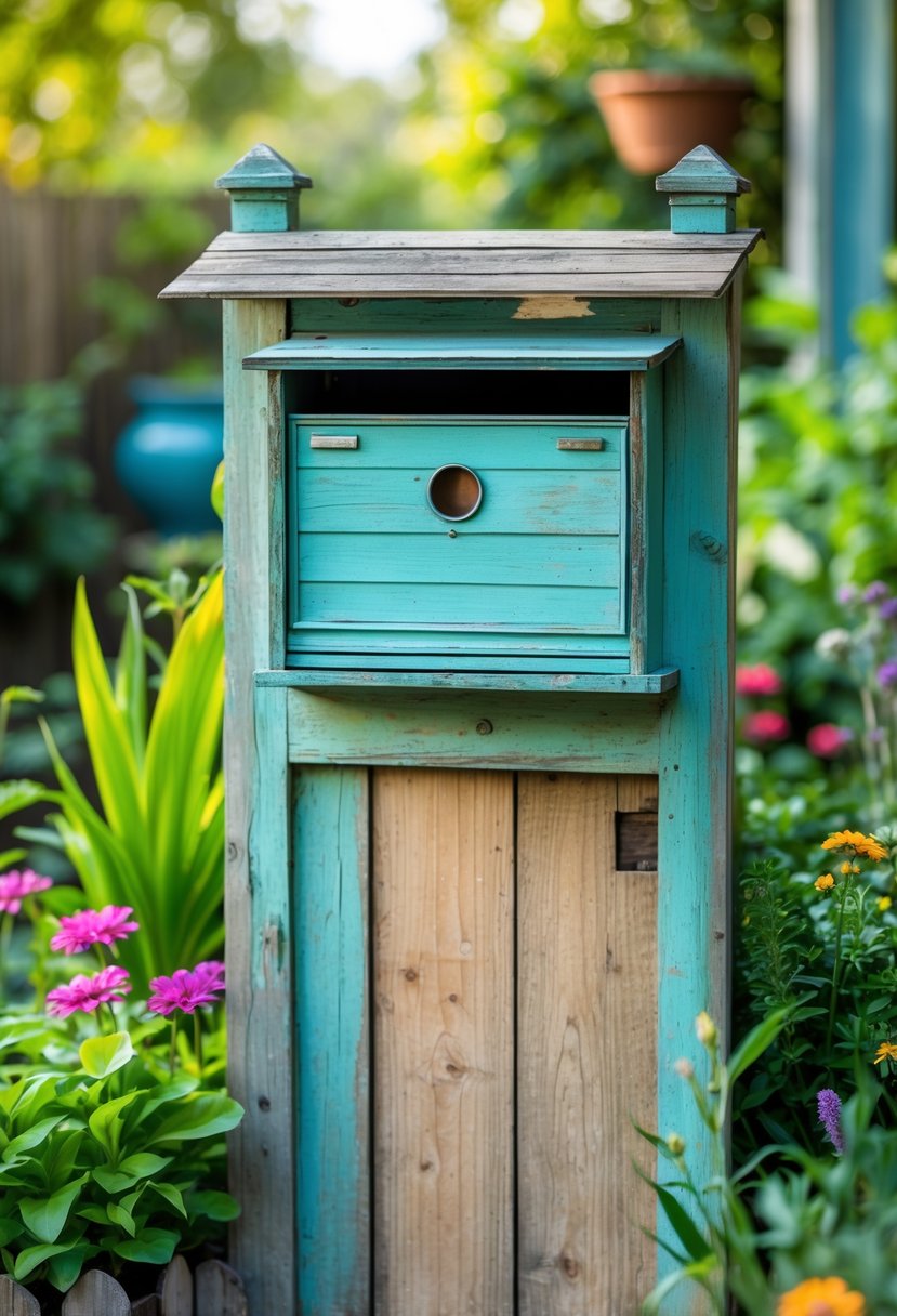 A mailbox built into an old wooden door section surrounded by plants and flowers in a garden.