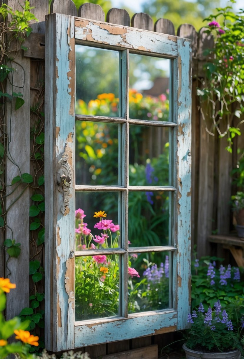 An old wooden door window used as a mirror in a garden surrounded by plants and flowers.