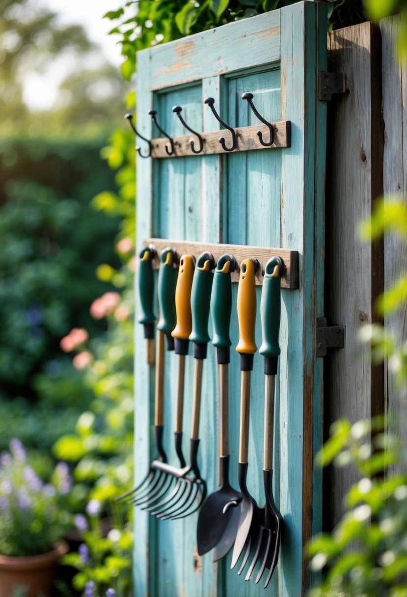 An old wooden door repurposed as a garden tool organizer with hooks holding various gardening tools in a garden setting.