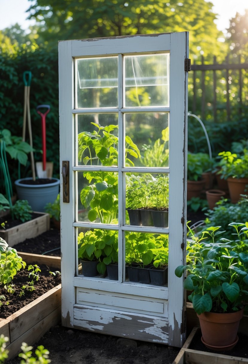 An old wooden door converted into a small greenhouse with plants growing inside, set in a garden.