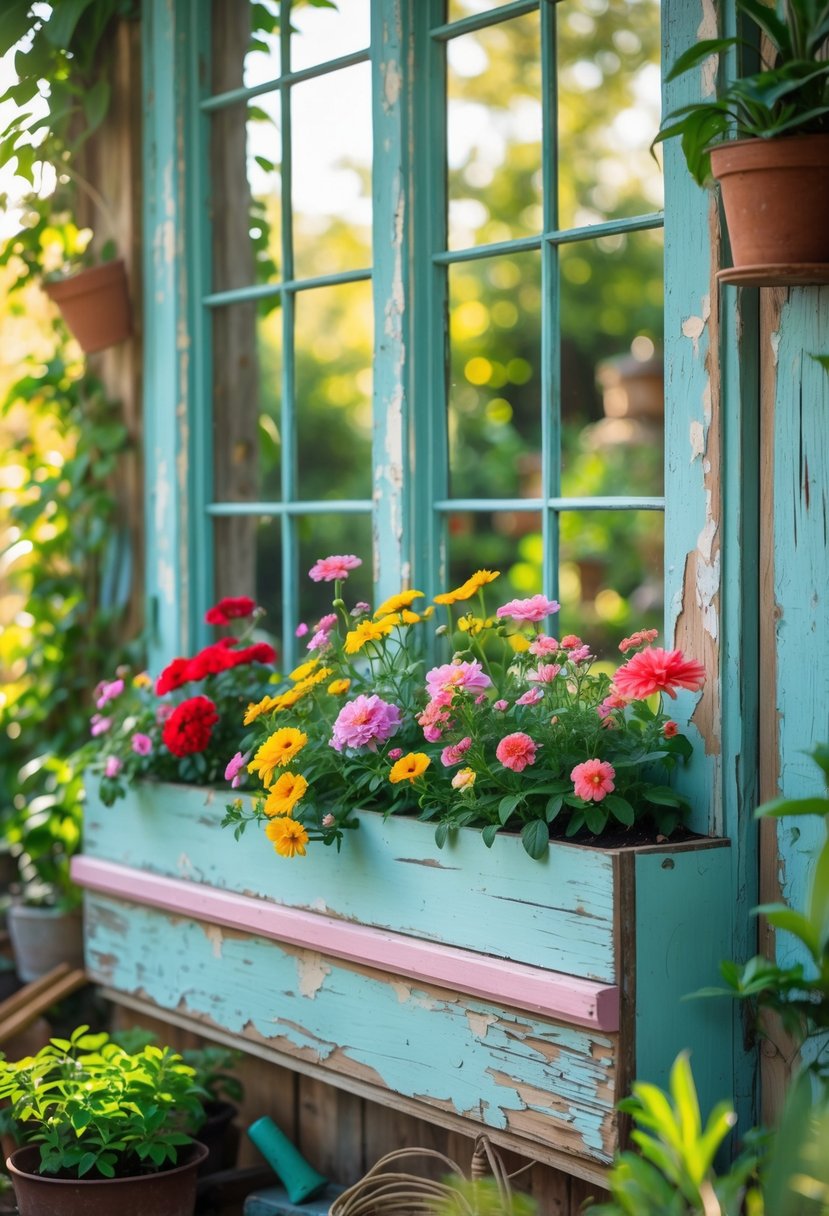 A flower box window seat made from a weathered old wooden door with colorful flowers and green plants around it in a garden.