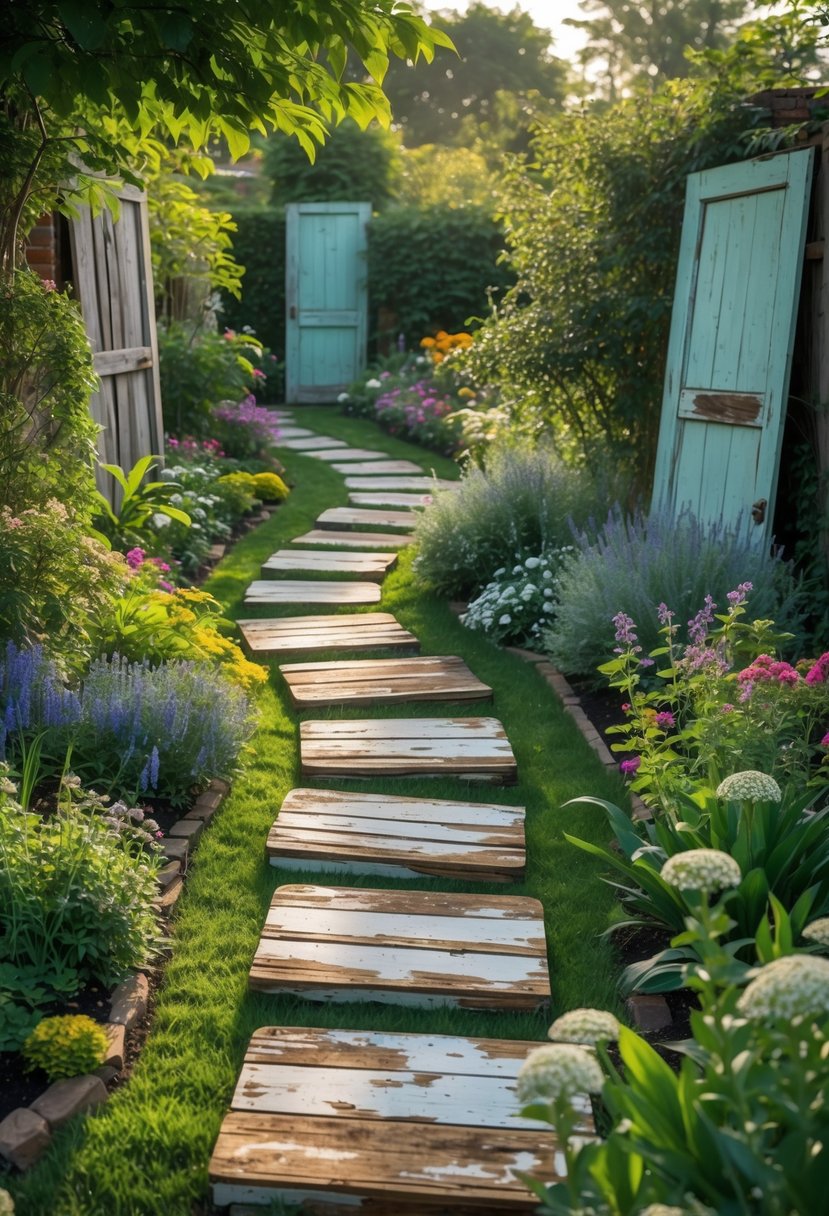 A garden pathway made from old wooden doors used as stepping stones surrounded by green plants and flowers.