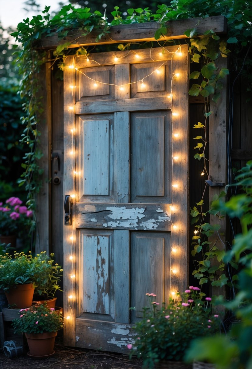 An old wooden door decorated with glowing fairy lights in a garden surrounded by plants and flowers.