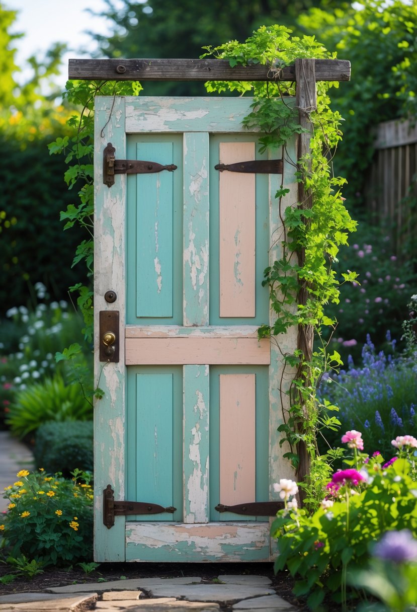 An old wooden door repurposed as a garden sign surrounded by green plants and colorful flowers in a sunny garden.