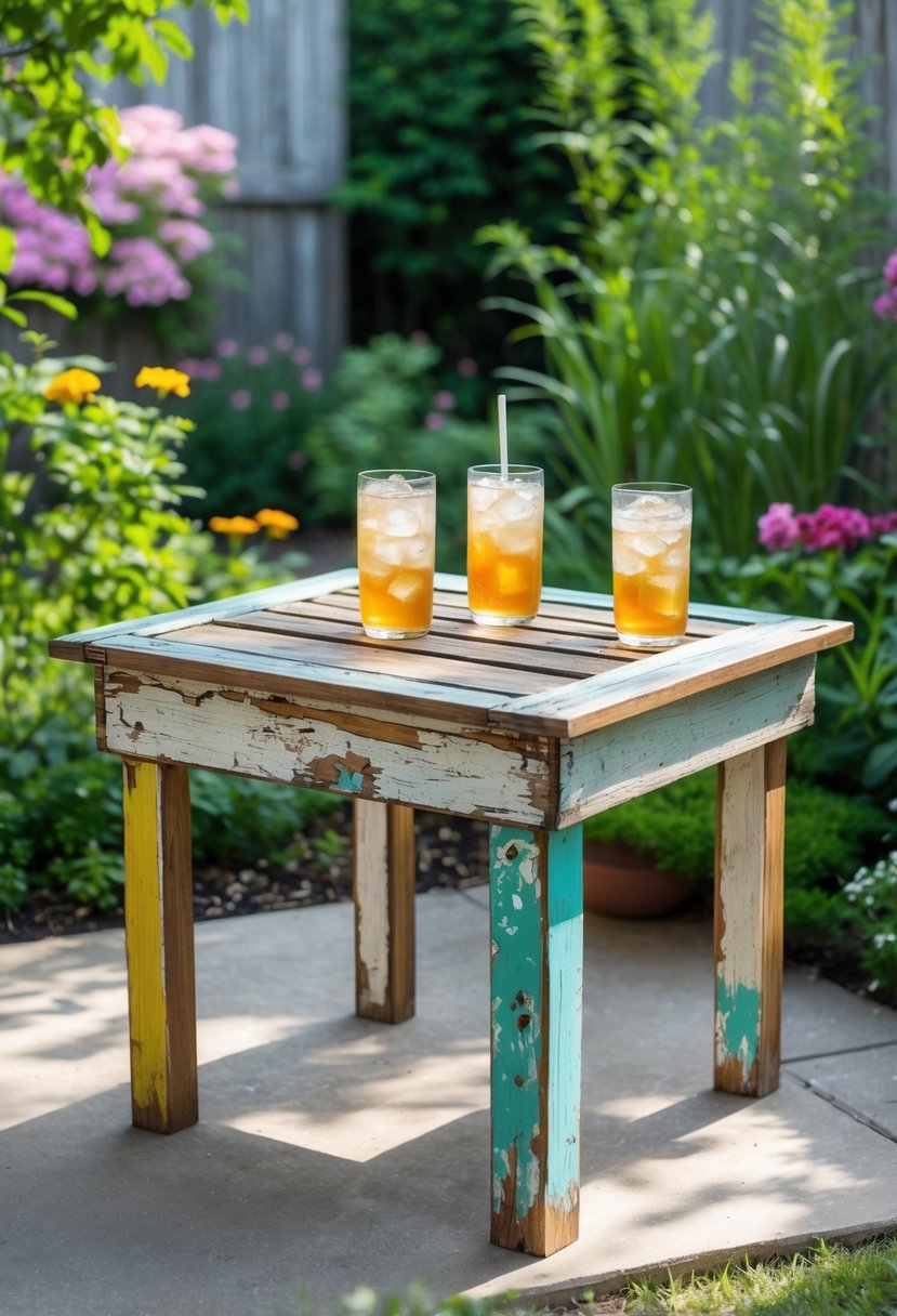 Outdoor garden scene featuring a drink tray table made from an old wooden door panel with drinks on top surrounded by greenery and flowers.