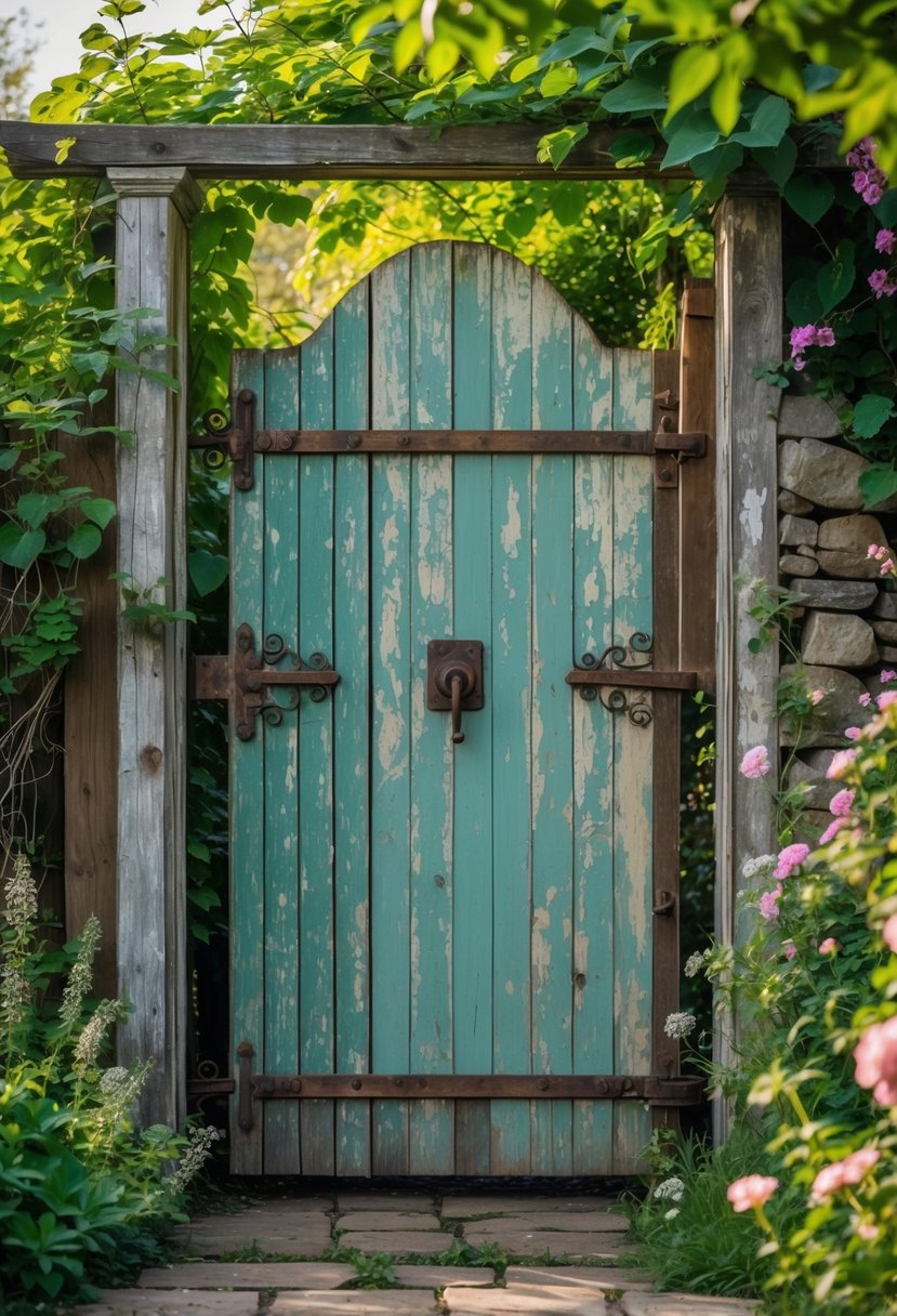 An old wooden garden gate with vintage metal hardware surrounded by green plants and flowers.
