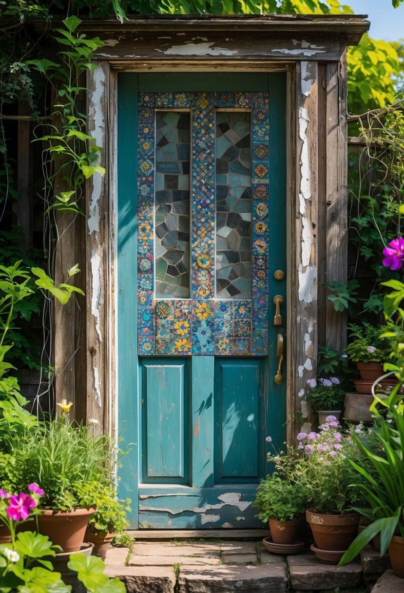 An old wooden garden door decorated with colorful mosaic tiles surrounded by green plants and flowers.