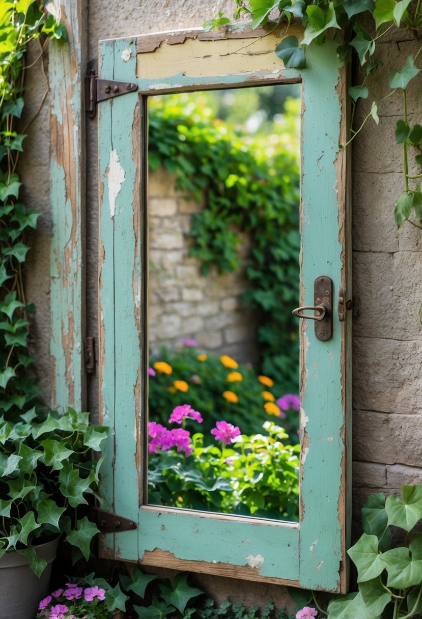 An old wooden door framed mirror hanging on a garden wall surrounded by plants and flowers.